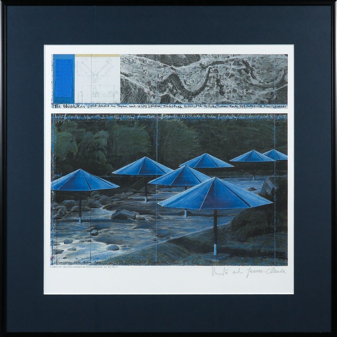Christo - Umbrellas - Hand-signed: Hand-signed by Christo and Jeanne-Claude. Title: Umbrellas. Comes with the original piece of textile of the project. Completely framed with Passe-Partout and museum glass.Christo Vladimirov