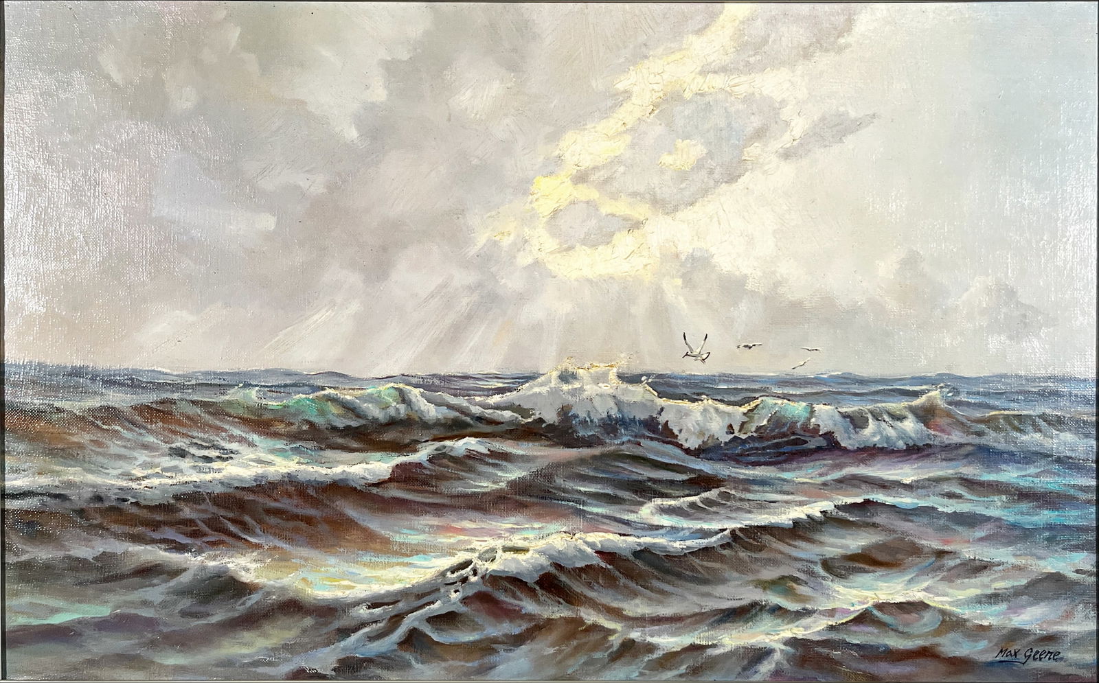 Geene, Max - North Sea - Oil painting - Hand-signed: Atmospheric and expressive seascape depicting the rolling waves of the North Sea beneath a dramatic, light-filled sky. With confident, textured brushwork and subtle impasto, Max Geene captures the