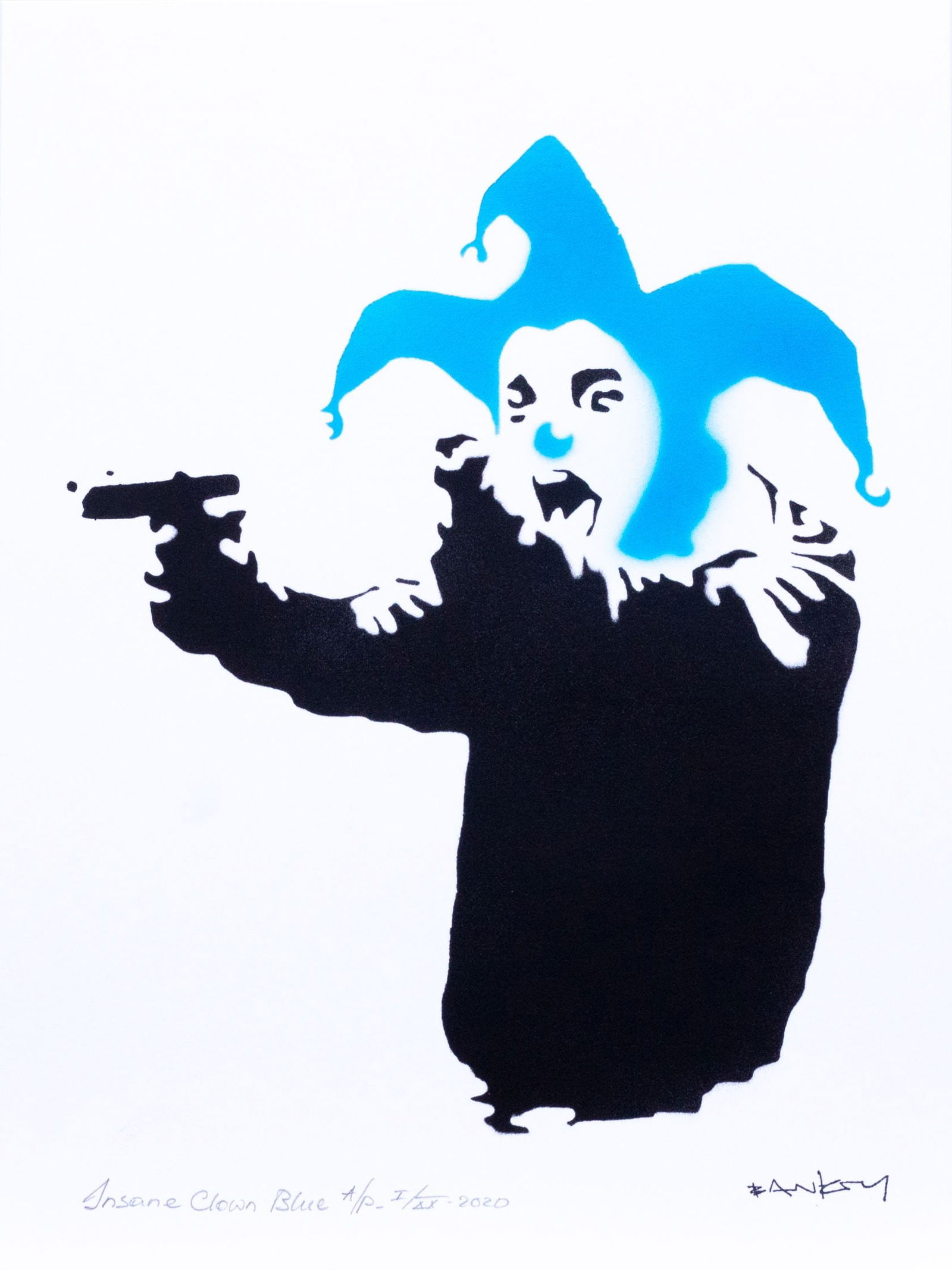 Banksy, after - Stencil / Spray.: Title: Insane Clown Blue. Banksy, after. Stencil/Spray. StreetArt. Edition: A/P (Artist Proof) Random/XX. Comes with Signed COA card of the Publisher. Signature imprimée (signed in plate). With