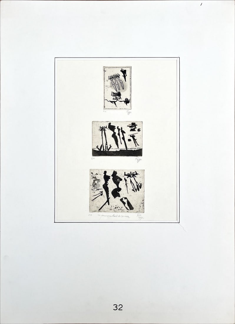 French triptych-style Etching - Hand-signed: Great Etching. The three panels use black silhouetted figures and abstract forms, which resemble stylised human bodies or dancers and expressive gestures and minimal, gestural landscapes or horizon