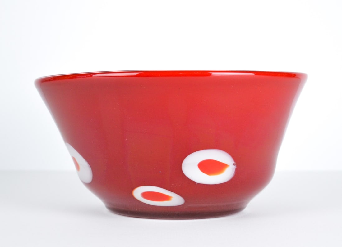Murano Glass Bowl: Murano Red glass bowl, with blown-in white spots. Second half 20th century.