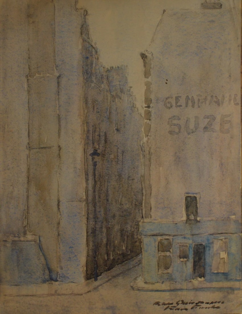 French streetview - Watercolor - Hand-signed: Watercolor of exceptional quality, Handsigned and titled.Comes from the collection of the municipality of The Hague, The Netherlands.