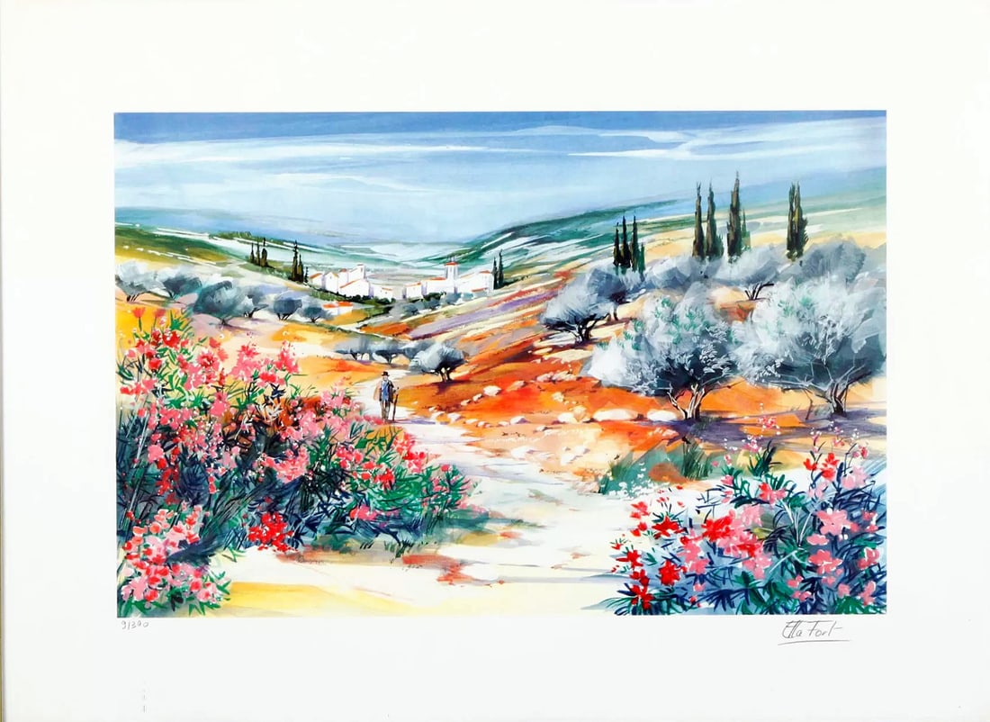 Ella Fort - Lithography - Handsigned: Lithography, hand-signed, numbered, or inscribed by hand.French Artist born in Bordeaux in 1994. Well-known for her charming landscapes.