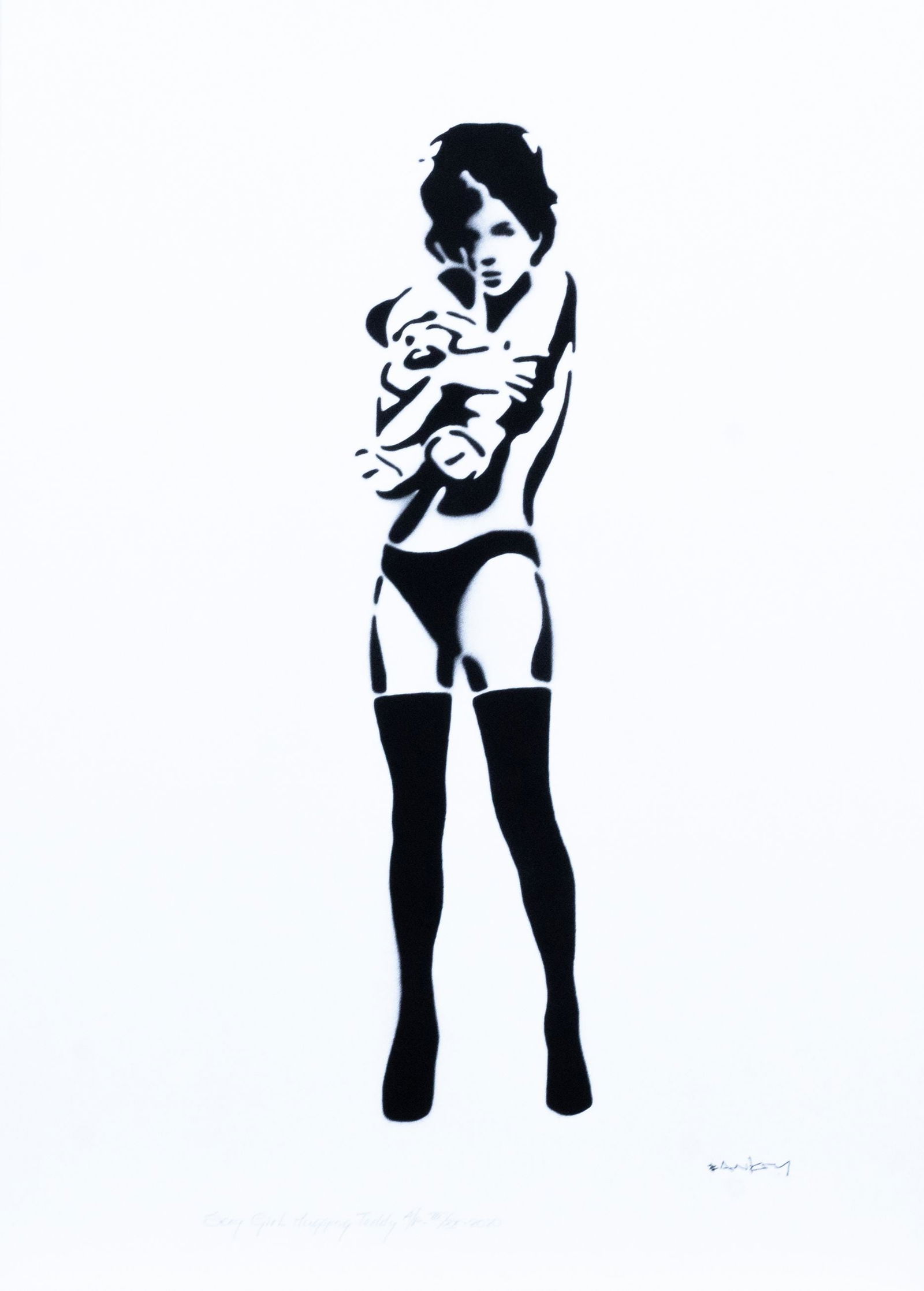 Banksy, after - Stencil / Spray.: Title: Sexy Girl Hugging Teddy . Banksy, after. Stencil/Spray. StreetArt. Edition: A/P (Artist Proof) Random/XX. Comes with Signed COA card of the Publisher. Signature imprimée (signed in plate).