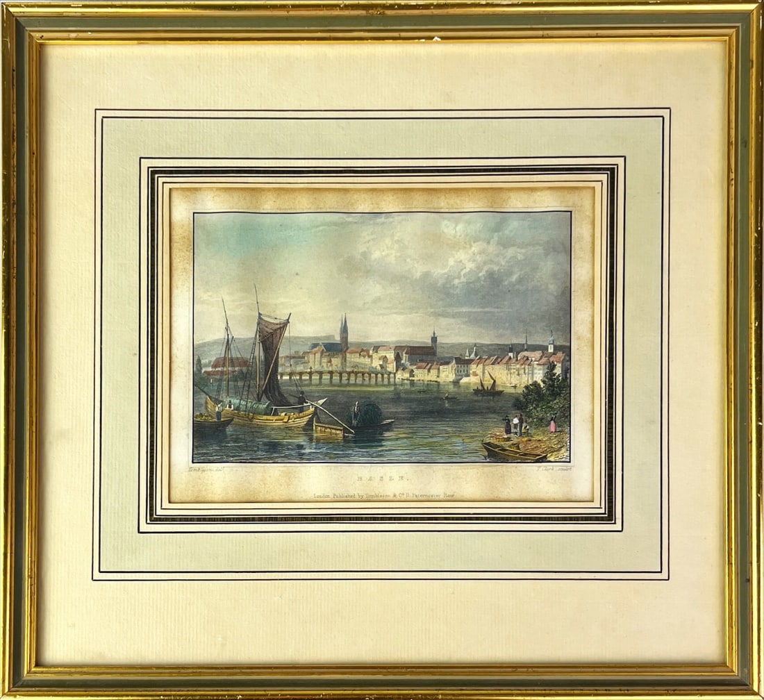 Basle, Color gravure by T. Clark: Great gravure by T. Clark, that depicts boats in formt of the harbour of Basel.Completely framed with glass, original frame.