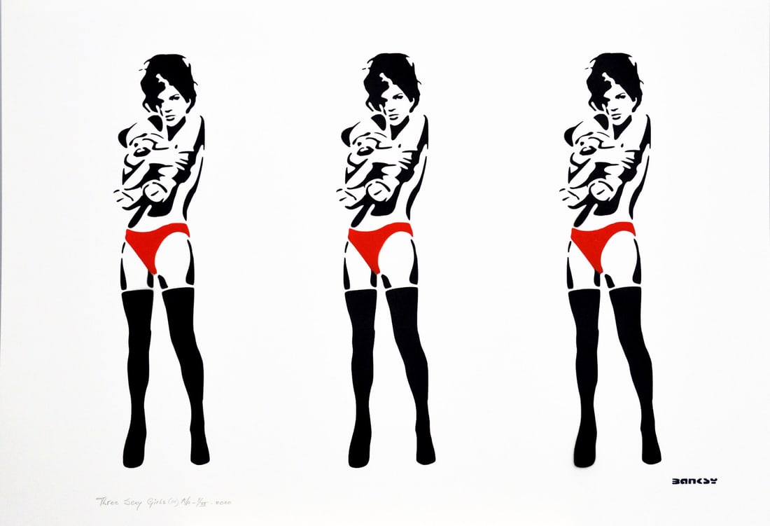 Banksy, after - Stencil / Spray.: Title: Three Sexy Girls (III). Banksy, after. Stencil/Spray. StreetArt. Edition: A/P (Artist Proof) Random/XX. Comes with Signed COA card of the Publisher. Signature imprimée (signed in plate). With