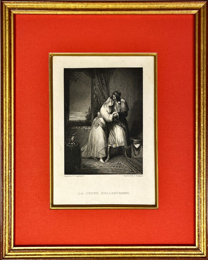 La Jeune Hellenienne, gravure by J. Goodyear.: Title: La Jeune Helleniene, great gravure, painted by F.P. Stephanoff and engraved by J. Goodyear.Completely framed with passe-partout and glass, original frame.