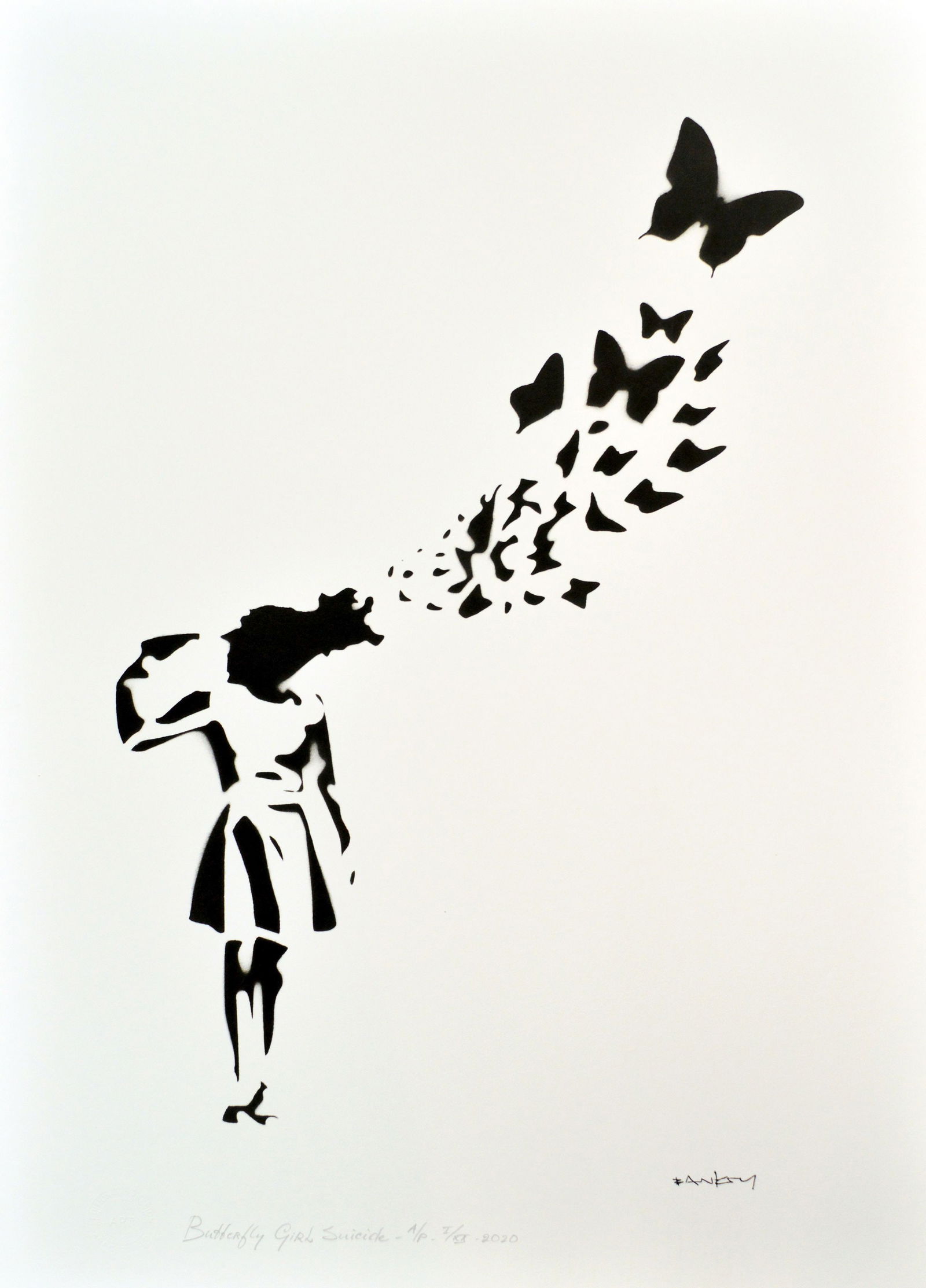 Banksy, after - Stencil / Spray: Title: Butterfly Girl Suicide. Banksy, after. Stencil/Spray. StreetArt. Edition: A/P (Artist Proof) Random/XX. Comes with Signed COA card of the Publisher. Signature imprimée (signed in plate). With