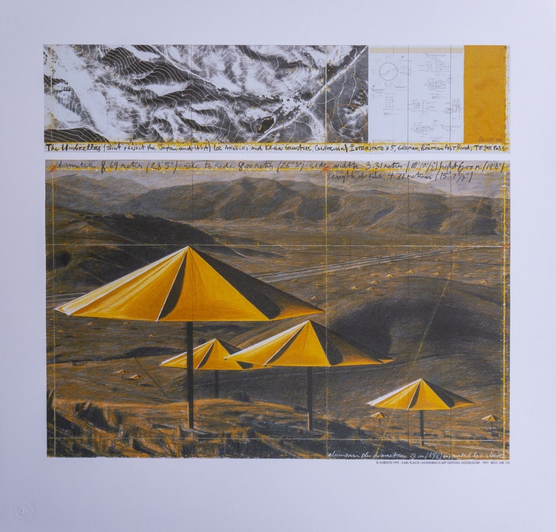 Christo - Yellow Umbrellas - Affiche: Very nice Affiche of Christo, really a collector's item.Christo Vladimirov Javacheff (1935–2020) and Jeanne-Claude Denat de Guillebon (1935–2009), known as Christo and Jeanne-Claude, were artists