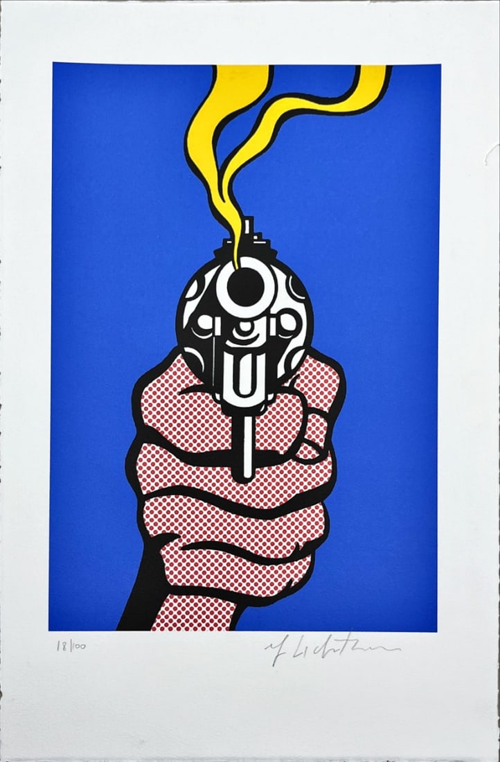 Lichtenstein, Roy, after - Hand-Signed. Silkscreen.: Title: Smoking Gun. Edition: random/100. Handsigned and numbered in pencil.Stamp verso.Attributed to, despite similarities to the artist's style, we have not been able to reach a conclusive