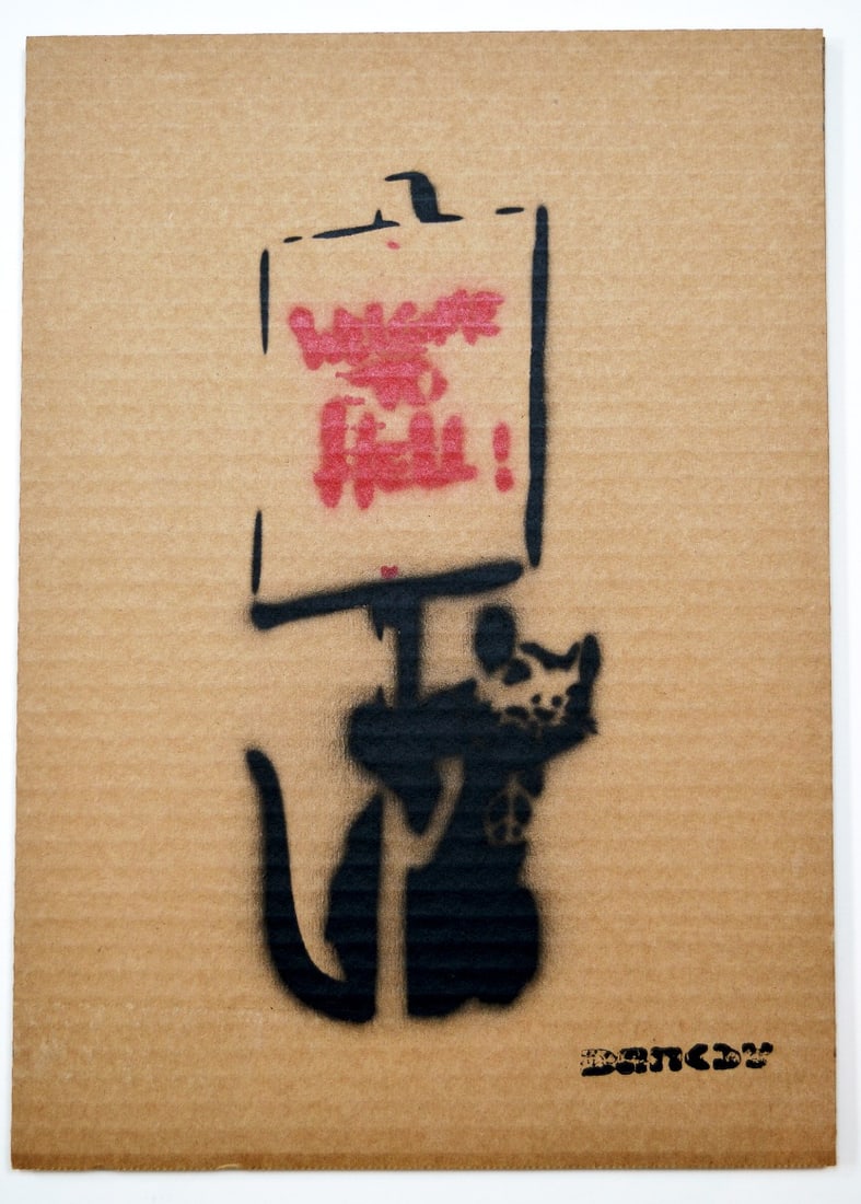 Banksy - Welcome to Red Hell - Dismaland WSM.: Banksy - Welcome to Red Hell. Stencil/Spray on cardboard, free found artwork from Dismaland WSM, 2015. Signed with stencil lower left - 35 x 25 cm - Made in 100 copies - Note: Work from the
