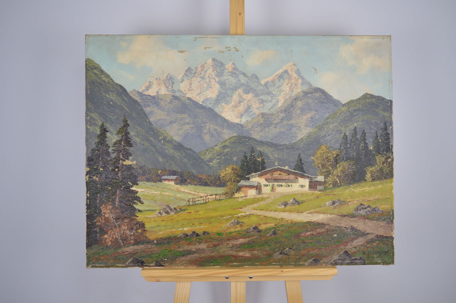 Unger, W.H. - Oil Painting - Handsigned: Mountain landscape, Oil-painting on canvas, Hand-signed. In original condition with some patina and paint loss as shown on pictures.