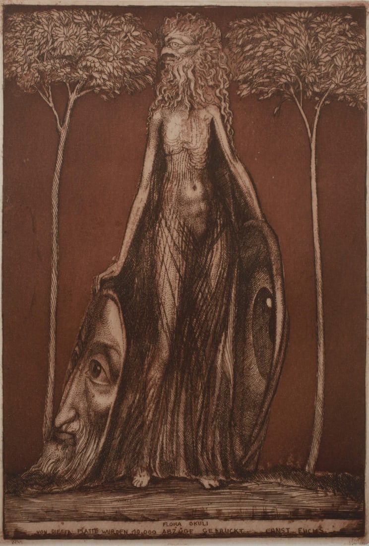 Fuchs, Ernst - Etching - Hand signed: Prof. Ernst Fuchs, "Flora okuli"standing mythical creature between two trees, etching in reddish brown, c. 1970, signed in lead "Ernst Fuchs" on the right and numbered "1307" . Artist's info: