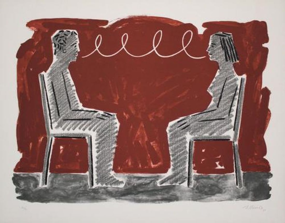 Llimos, Robert - Linocut.: Title: Dos figuras en dos Sillas. Edition: H.C. (hors Commerce). Handsigned in pencil by the artist.