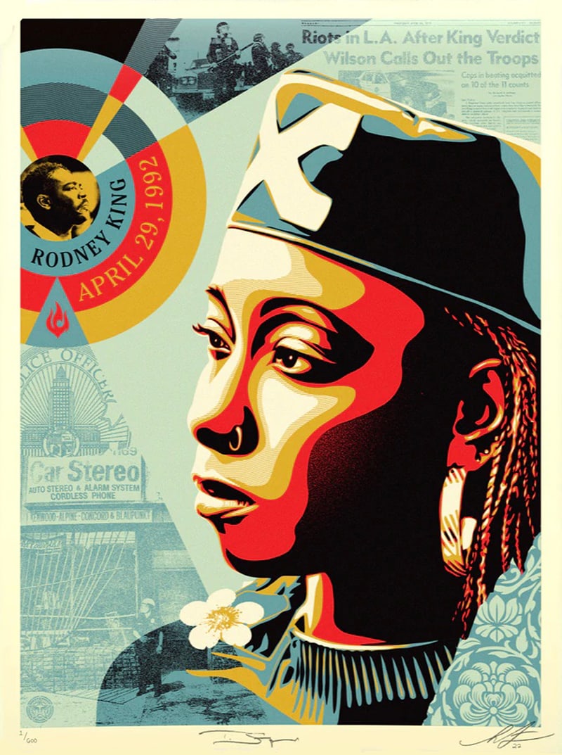 Shepard Fairy (OBEY) - Eyes on the king verdict - Silkscreen - Handsigned: Screen print on thick cream Speckletone paper. Original Illustration based on photograph by Ted Soqui. Signed by Ted Soqui and Shepard Fairey. Numbered edition of 600. Proceeds go to Watts Labor