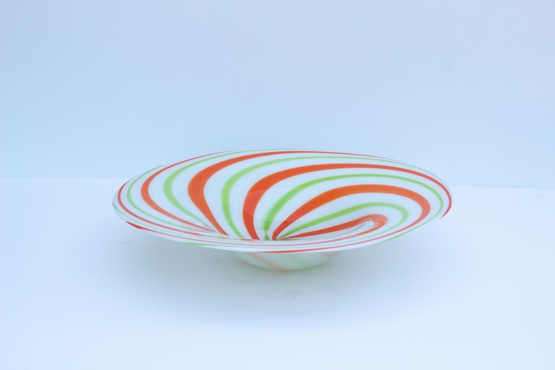 Murano - Glass object.: Huge 35cm Murano Art Glass Swirl Multi Coloured Freeform Bowl & Label