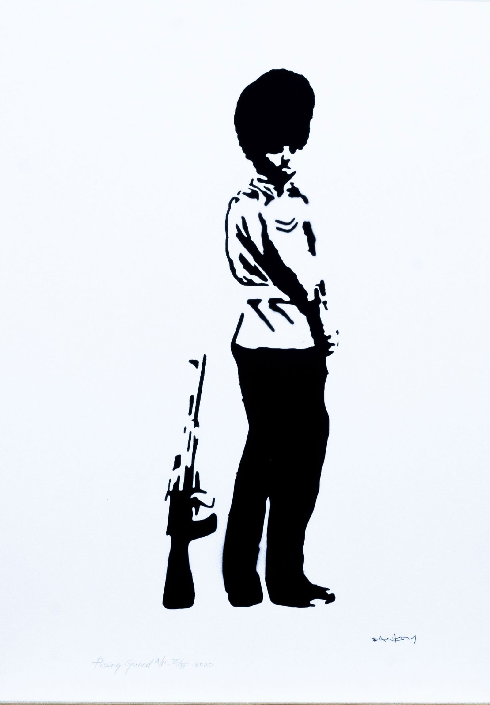 Banksy, after - Stencil / Spray: Title: Pissing Guard . Banksy, after. Stencil/Spray. StreetArt. Edition: A/P (Artist Proof) Random/XX. Comes with Signed COA card of the Publisher. Signature imprimée (signed in plate). With pencil