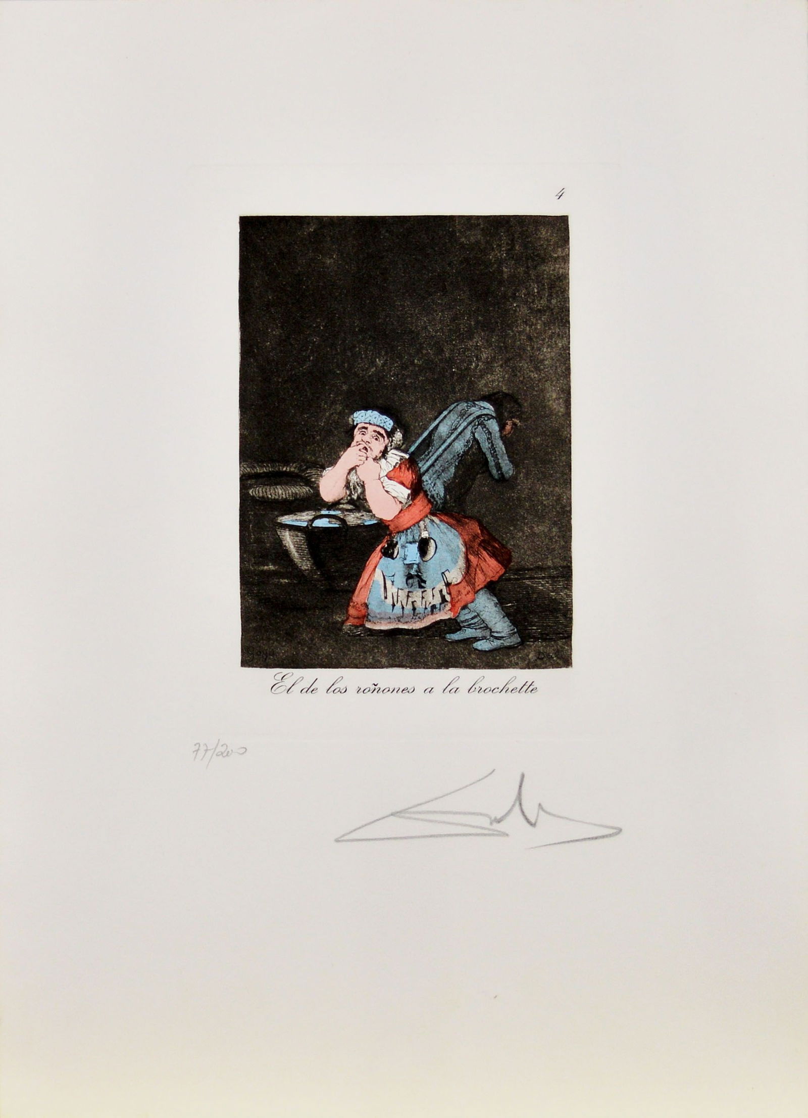 Dalí, Salvador - Etching - Handsigned: Hand-Signed. Edition: 77/200. Les Caprices de Goya. No. 4. El de los ronones a la brochette.Capricho de Goya n°4 is an original héliogravure and pochoir, realized by Salvador Dalí in 1977,