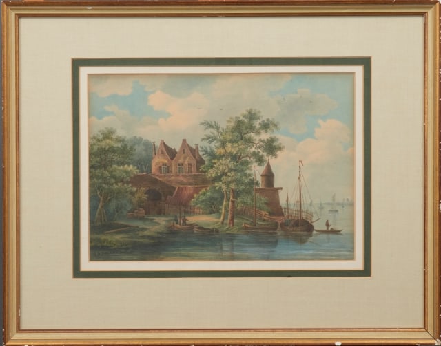 Barend Hendrik Koekkoek - Watercolor - Hand signed: Title: Bootjes op het water bij bolwerk. ("Boats on the water near a rampart"). Watercolor on hand-made paper, Hand-signed by H.B. Koekkoek. Complete with original frame.Barend Hendrik Koekkoek (1849-