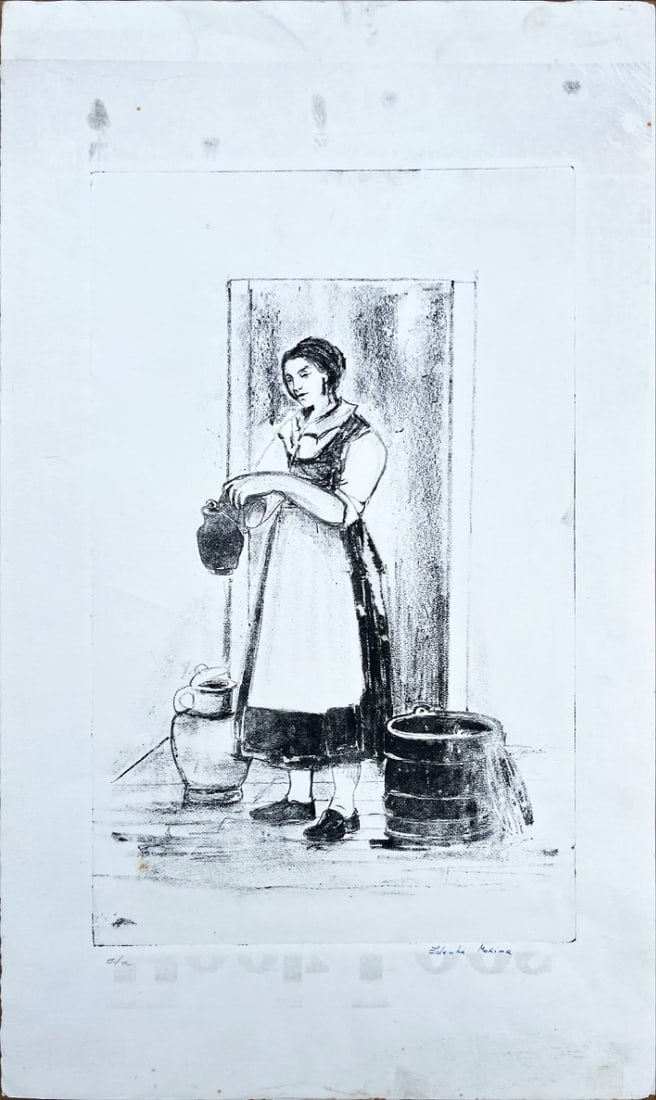 Etching - Hand-signed: Untitled, Polish Artist – A finely executed lithograph, hand-signed and annotated épreuve d’artiste (artist’s proof, e/a) in pencil by the artist. The work depicts a young woman in traditional