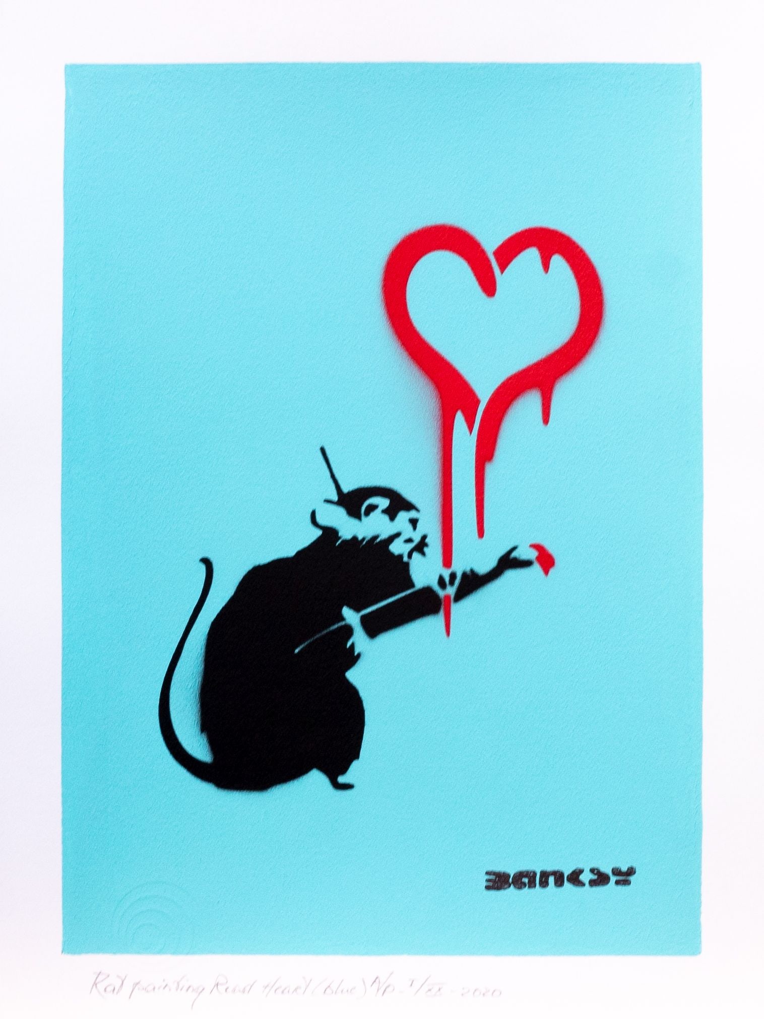 Banksy, after - Stencil / Spray.: Title: Rat Painting Red Heart (blue). Banksy, after. Stencil/Spray. StreetArt. Edition: A/P (Artist Proof) Random/XX. Comes with Signed COA card of the Publisher. Signature imprimée (signed in