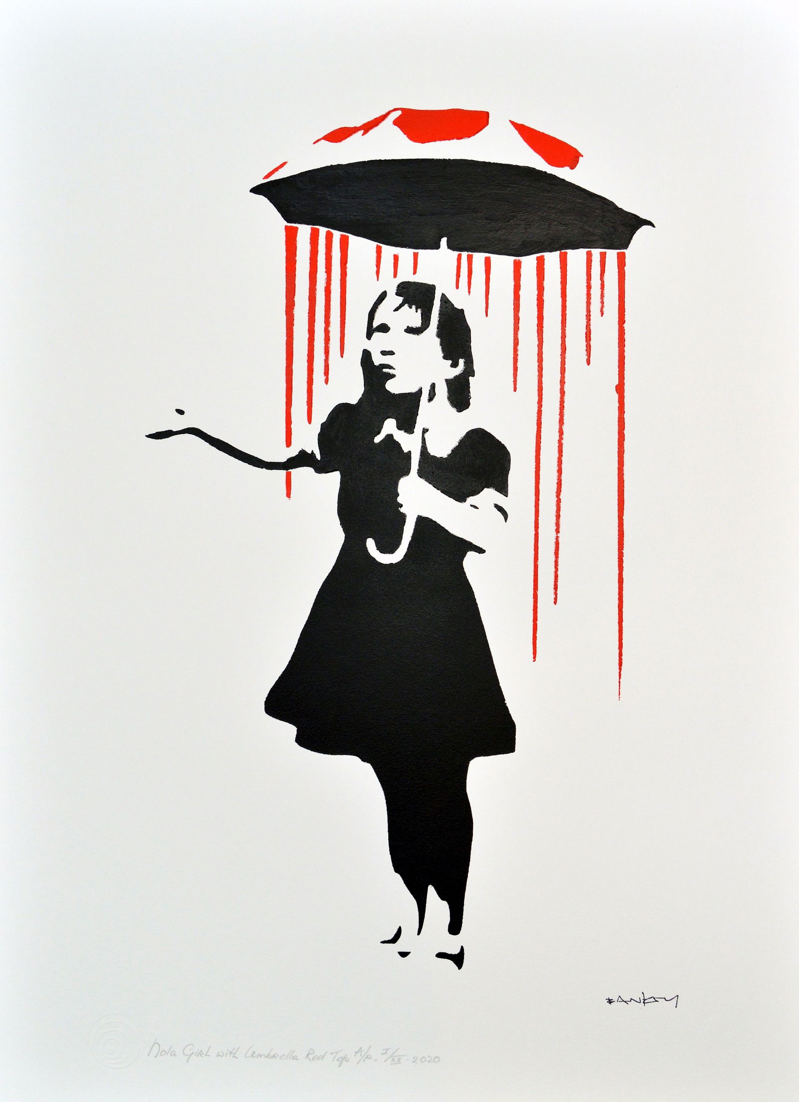 Banksy, after - Stencil / Spray.: Title: Nola Girl with Umbrella Red Top. Banksy, after. Stencil/Spray. StreetArt. Edition: A/P (Artist Proof) Random/XX. Comes with Signed COA card of the Publisher. Signature imprimée (signed in