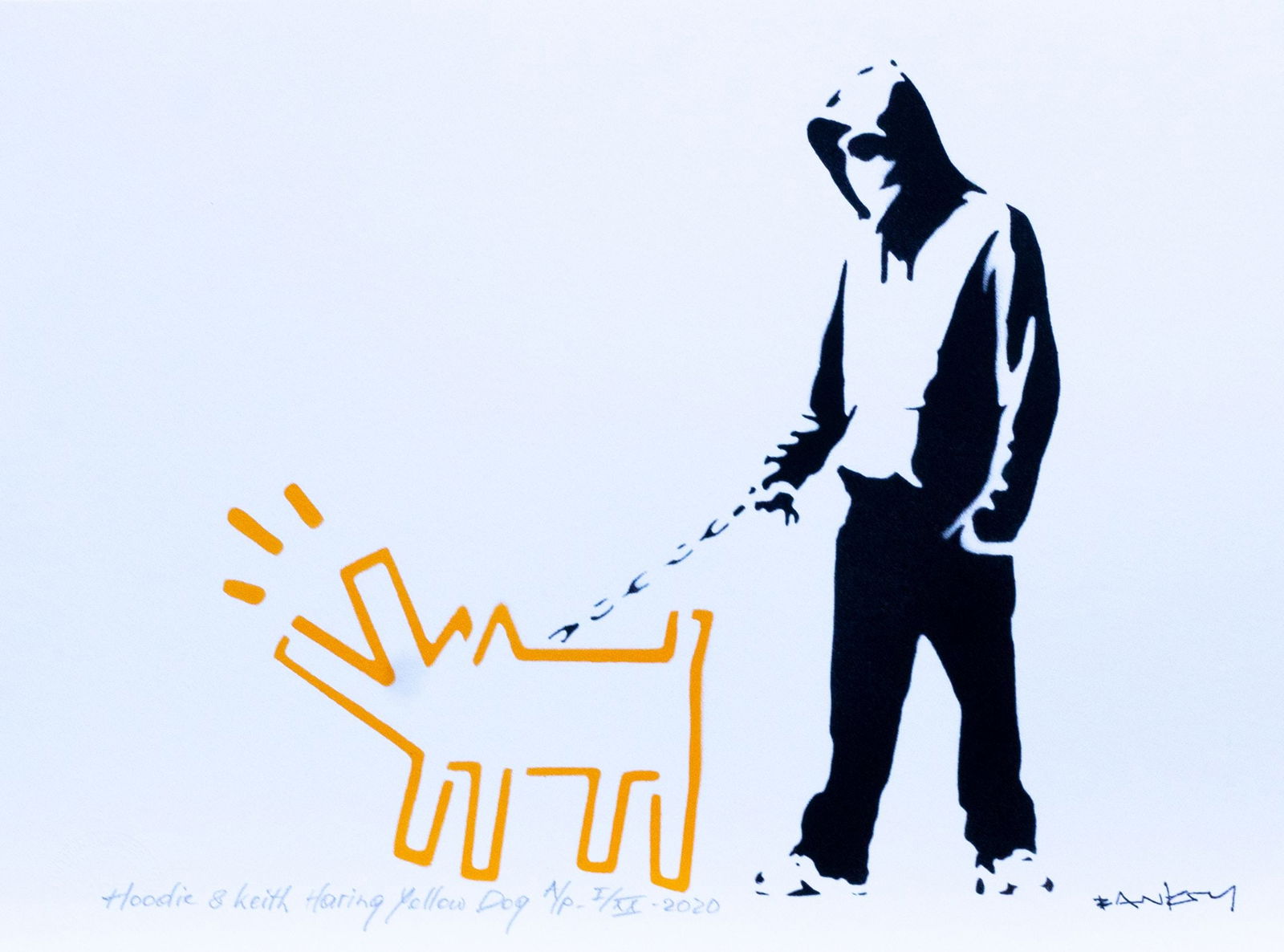 Banksy, after - Stencil / Spray.: Title: Hoodie & Keith Haring Yellow Dog . Banksy, after. Stencil/Spray. StreetArt. Edition: A/P (Artist Proof) Random/XX. Comes with Signed COA card of the Publisher. Signature imprimée (signed in