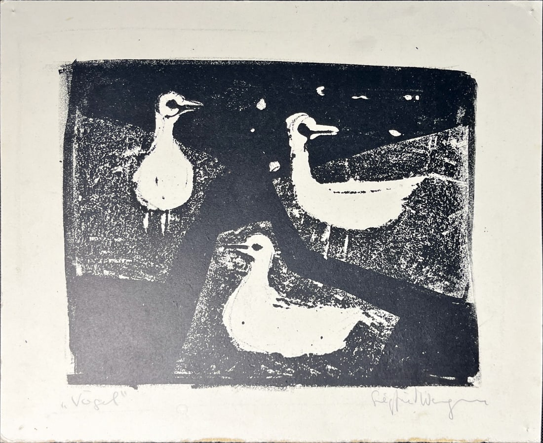 Birds - Wood block - Hand-signed: Great Woodblock print by a German Artist, titled Vogel (Birds). Hand-signed.