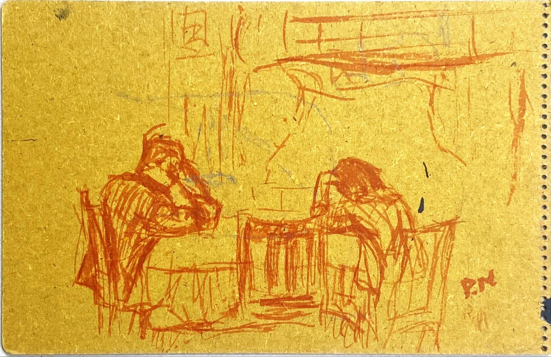 Drawing - Red pencil on cardboard - Hand-signed: Great Drawing by a German Undecipherable Artist.Hand signed