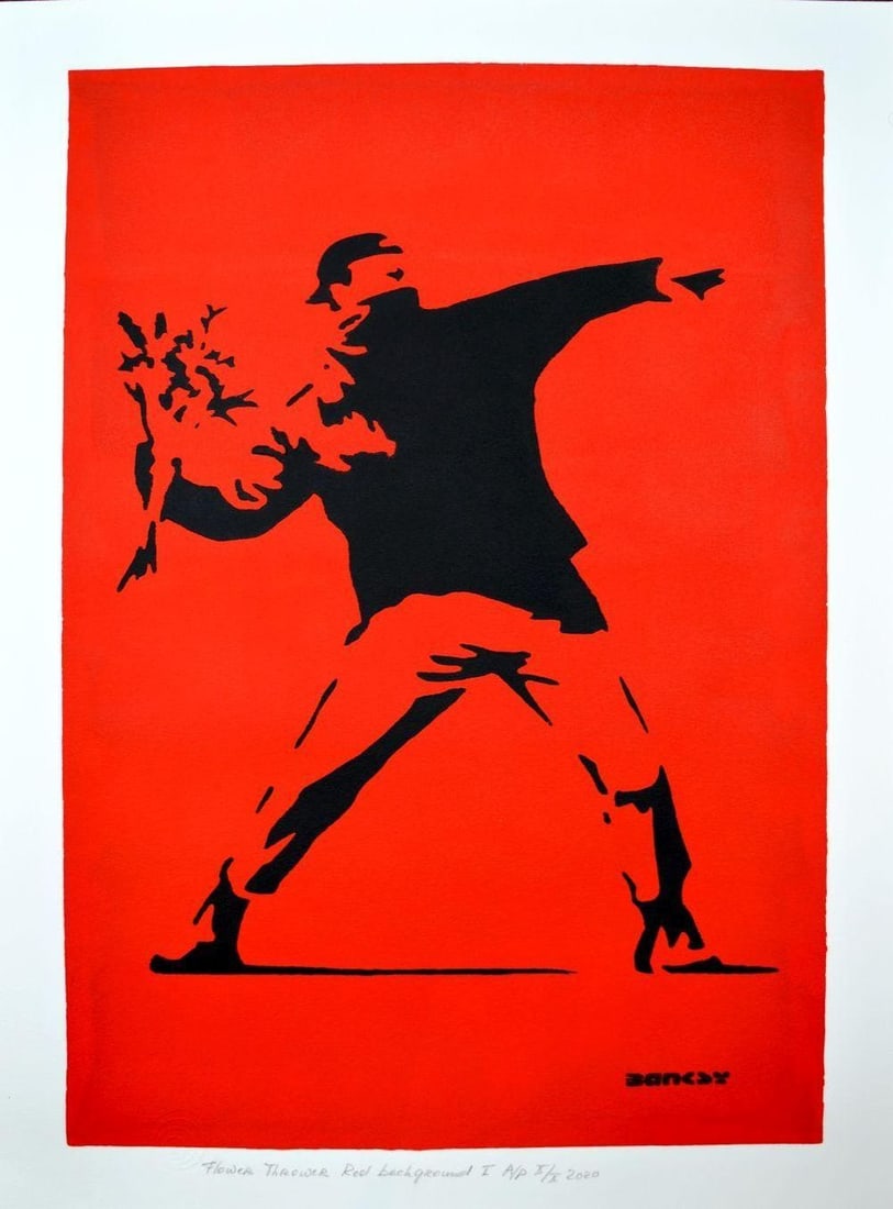 Banksy, after - Stencil / Spray.: Title: Flower Thrower Red I. Banksy, after. Stencil/Spray. StreetArt. Edition: A/P (Artist Proof) Random/XX. Comes with Signed COA card of the Publisher. Signature imprimée (signed in plate). With