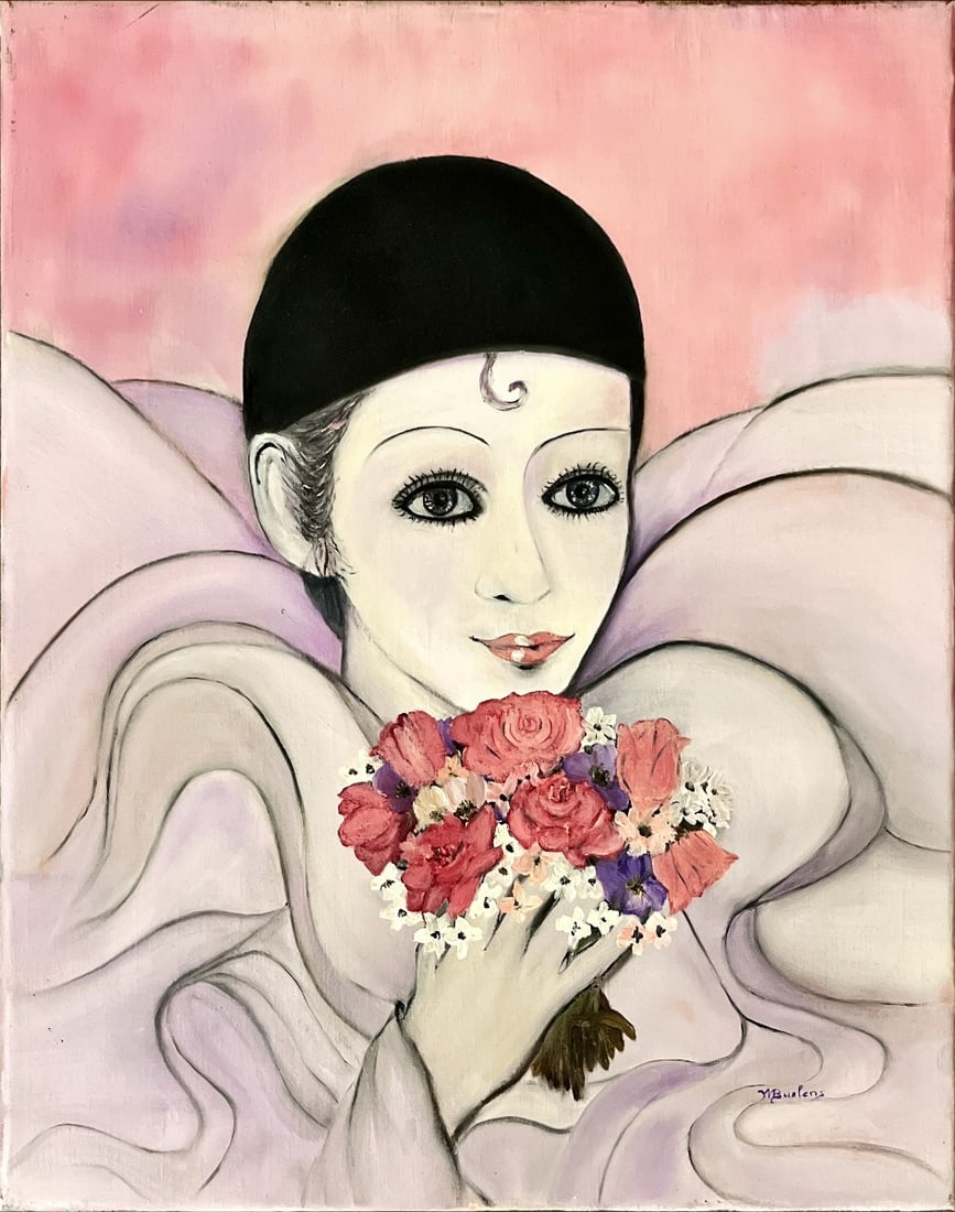 Portrait - Acrylic painting - Hand-signed: Acrylic painting by an unknown artist, portrait of a lady in the style of Pierrot.Comes from the collection of the municipality of The Hague, The Netherlands.