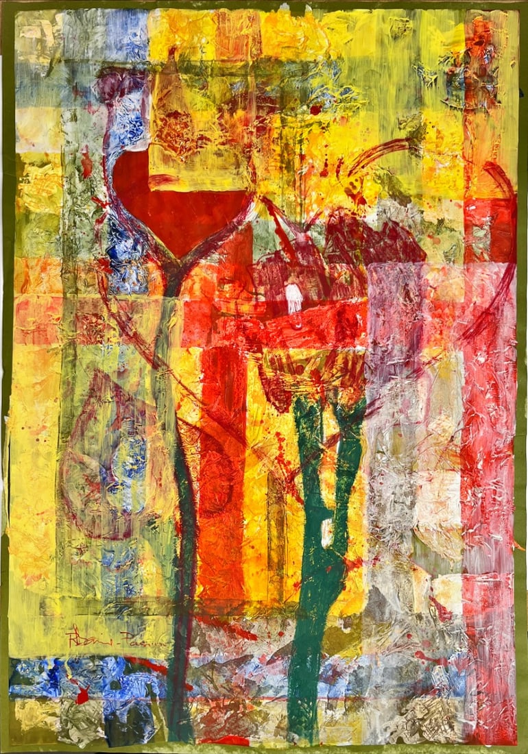 Colorful artwork, Mixed techniques - Hand signed: Unreadable artist.Mixed techniques, hand signed.Comes from the collection of the municipality of The Hague, The Netherlands.