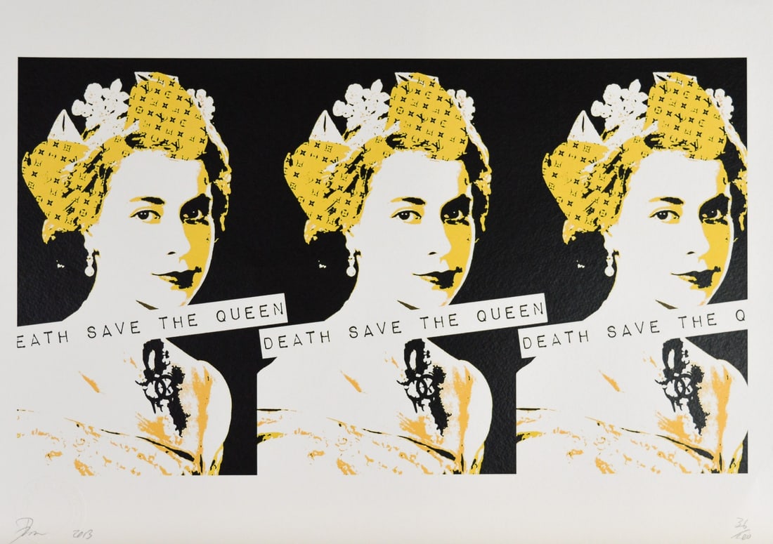 Death NYC - Death Save the Queen O - Silkscreen: Hand signature by the Artist. Original certificate and golden seal included. DEATH NYC's artwork featured in galleries and streets around the world. Recently also featured in the Google Glass