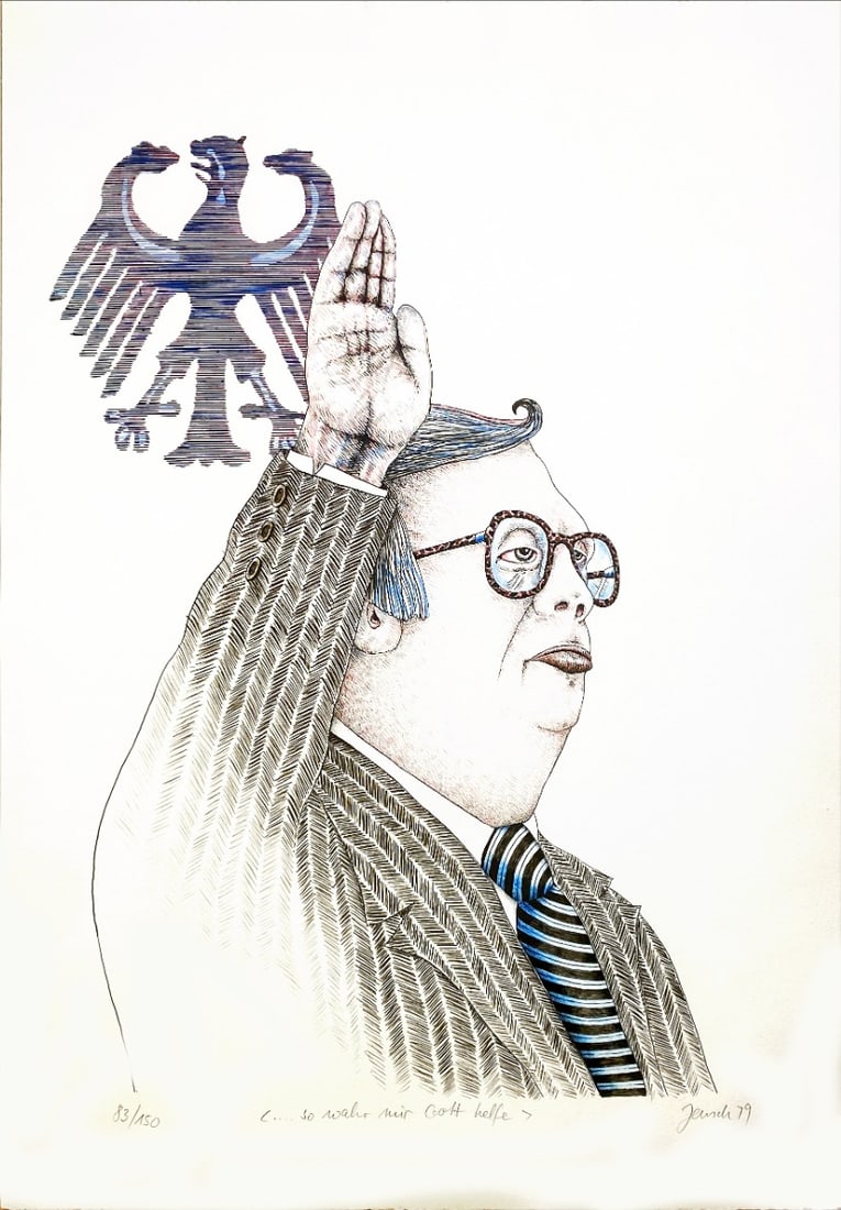 so wahr mir Gott helfe - Lithograph - Hand signed: Great Lithograph by a German Artist, titled "so wahr mir Gott helfe". Hand-signed, dated and numbered. A small tear (bottom right), small enough to be no longer visible after framing with