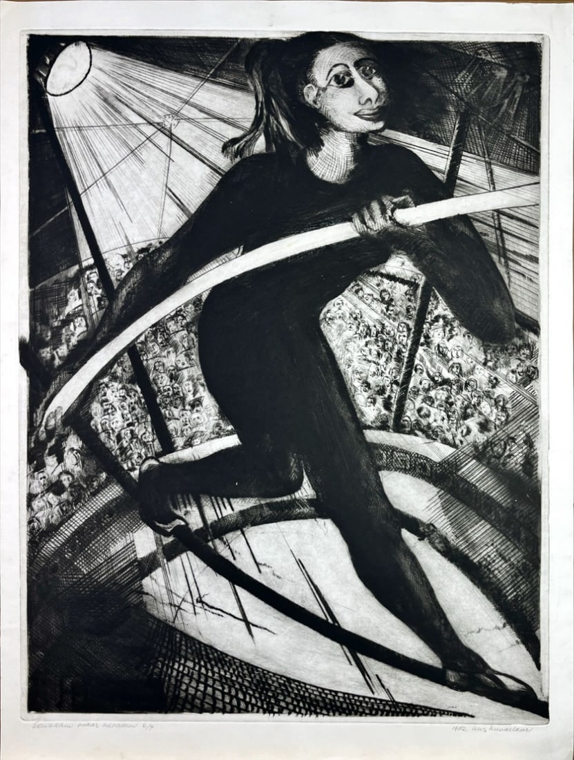 Etching - Dutch Artist - Hand-signed: Lonely but Not Alone "Eenzaam maar niet alleen", Unknown Dutch Artist – A striking etching, hand-signed by the artist, presenting a powerful vision of a tightrope performer poised high above a