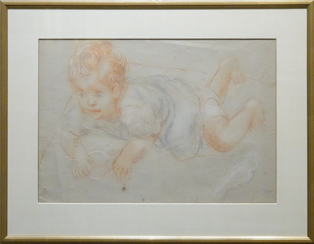 Johan Dijkstra - Calk Drawing - Hand signed: Title: Spelende baby ('Playing baby"). Chalk drawing on hand-made paper, Hand-signed in pencil by Johan Dijkstra.Fully framed with passe-partout and glass, Johan Dijkstra was a member of the