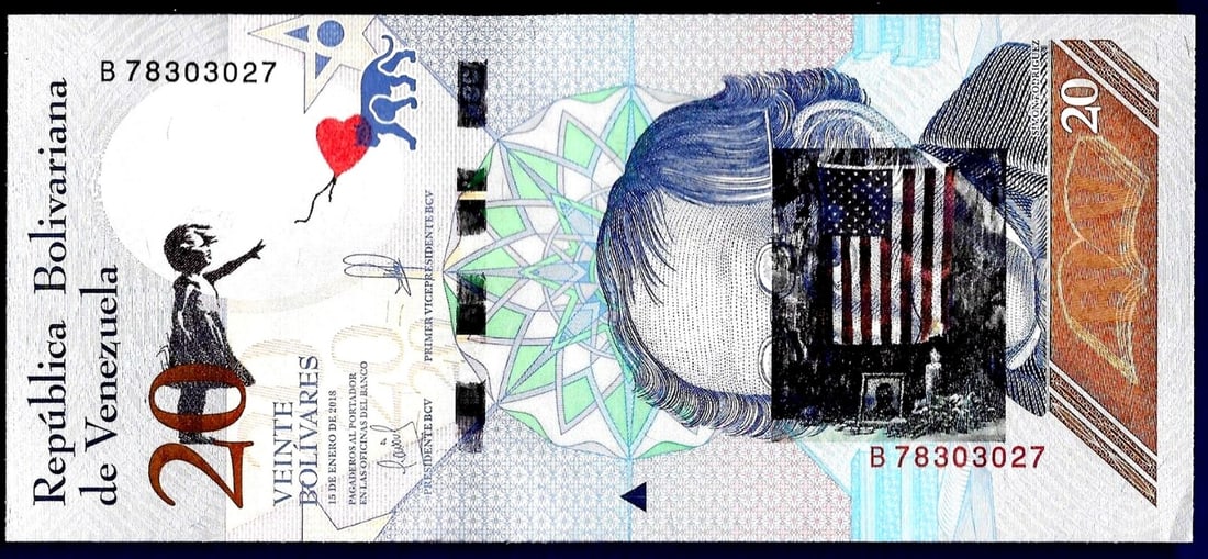 Banksy - Banknote 20 Bolivariana with artist's stamp Dismaland 2015 in Acrylblock Frame: BanksyBanknote 20 Bolivariana with artist's stamp Dismaland 2015, is framed in a 20 mm-thick magnetic acrylic block frame, which will allow you to display and admire both sides of the work. The