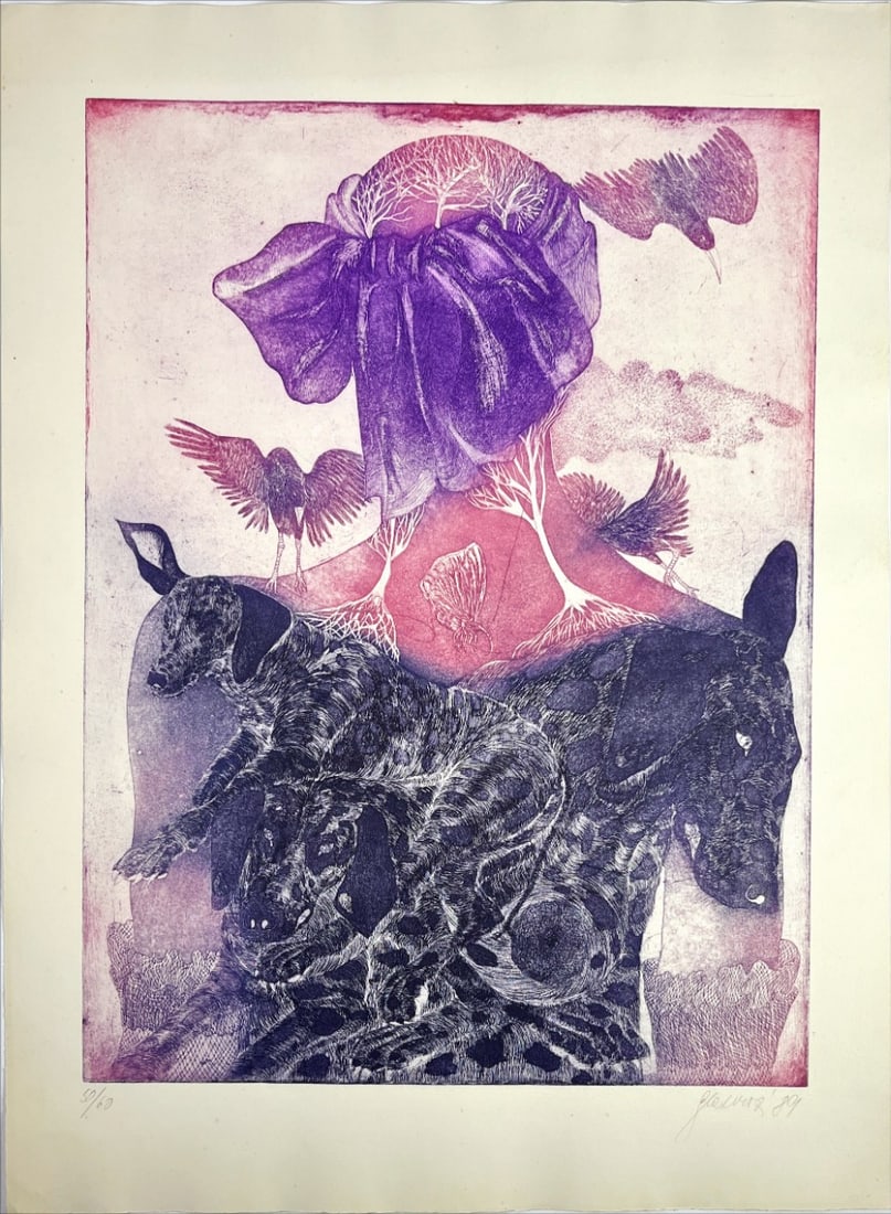 Ingrid Glaserová - Color Etching - Hand signed: Ingrid Glaserová (1955-She studied at the Academy of Arts and Crafts in Prague in the studio of film and television graphics and at the Rietveld Accademy in Amsterdam, then went to the USA. She