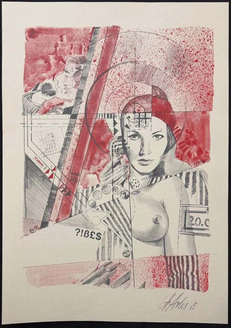 Silkscreen - German Artist - Hand-signed: Untitled, Unknown German Artist – A bold hand-signed silkscreen dated 1975, combining figuration with geometric abstraction and text fragments. The composition juxtaposes a striking female portrait