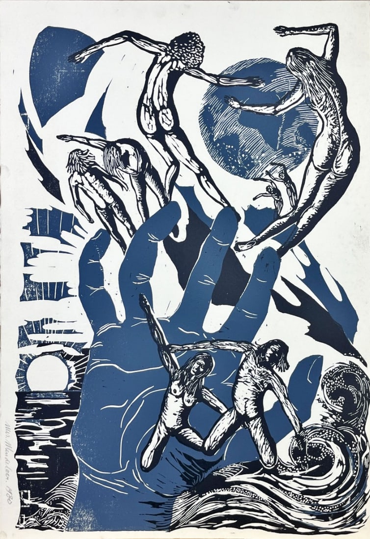 Linocut - Contemporary art - Hand-signed: Unknow Dutch Artist.Great Linocut.Hand signed