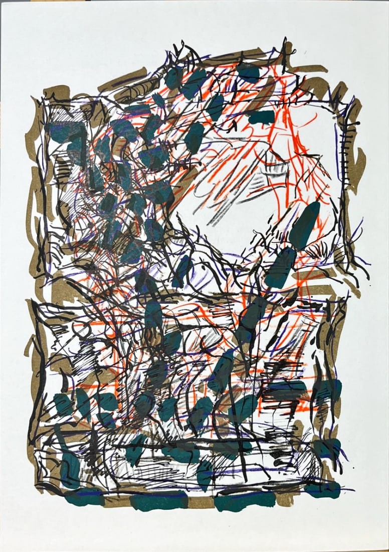 Jean-Paul Riopelle - Original lithograph DLM: Original lithograph, Executed for Derriere le Miroir, nr 218, 1976. Published in Paris by Maeght. There is text on verso. Very rarely lithograph of Derrière le Miroir n°218, published in