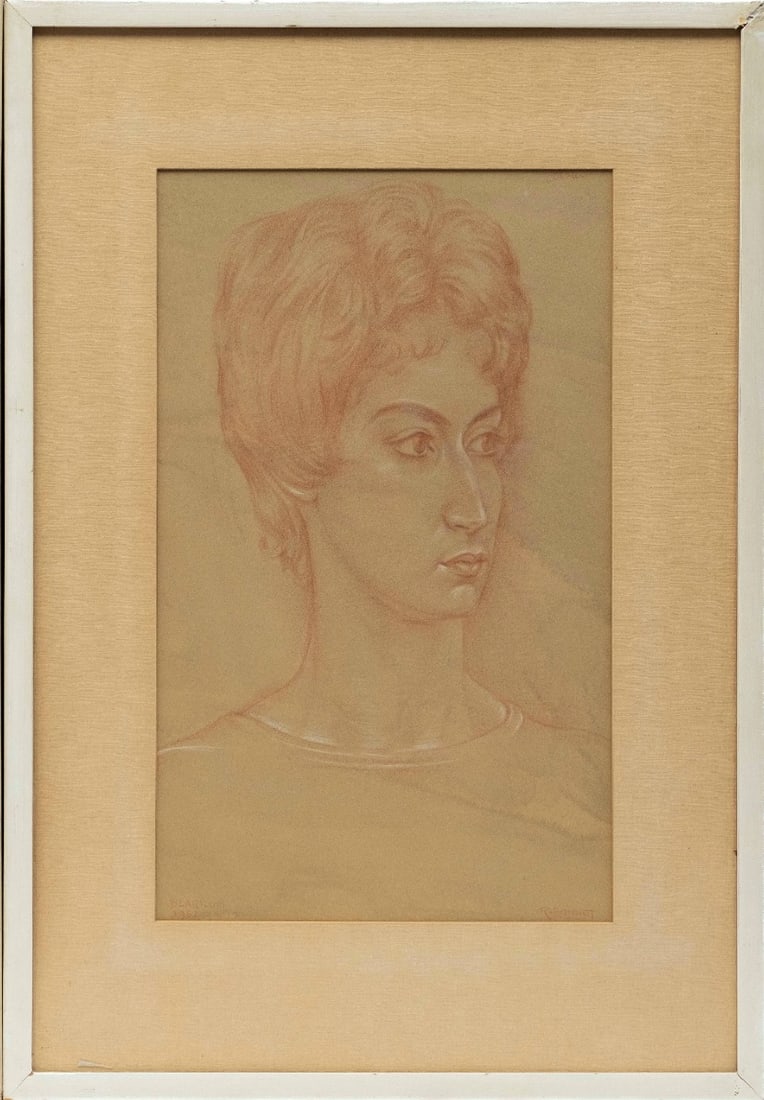 Rudolf Bonnet - Red Chalk Drawing, heightened in white - Hand signed: Title: Portrait of 'Elzien', chalk drawing on hand made paper, signed by R. Bonnet, and with the cityname "Blaricum" in 1962.Rudolf Bonnet 1895-1978Formally educated at the Amsterdam Royal Academy of