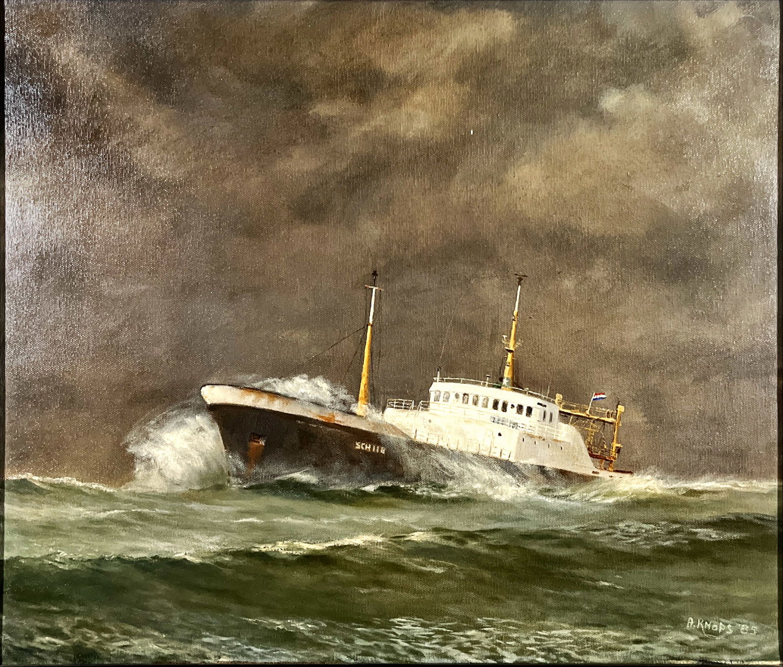 Knops, A. - Trawler at Sea - Oil painting - Hand-signed: This powerful maritime oil painting by A. Knops depicts a trawler SCH 118 battling heavy seas under a dramatic, overcast sky. The composition captures a moment of tension and movement as the sturdy