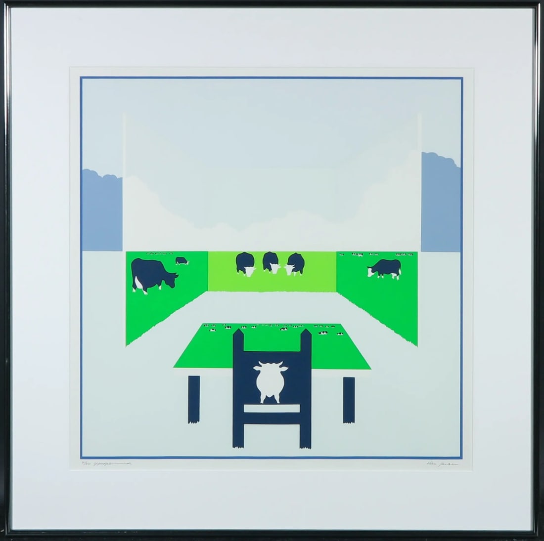 Jansen, Han - Silkscreen - Handsigned: Title "Geprogrammeerd". Silkscreen by Han Jansen, Hand-signed, titled, and numbered by the artist. Completely framed, passe-partout and glass. Edition 41/50In 1980, Han Jansen painted the Wadden Sea.