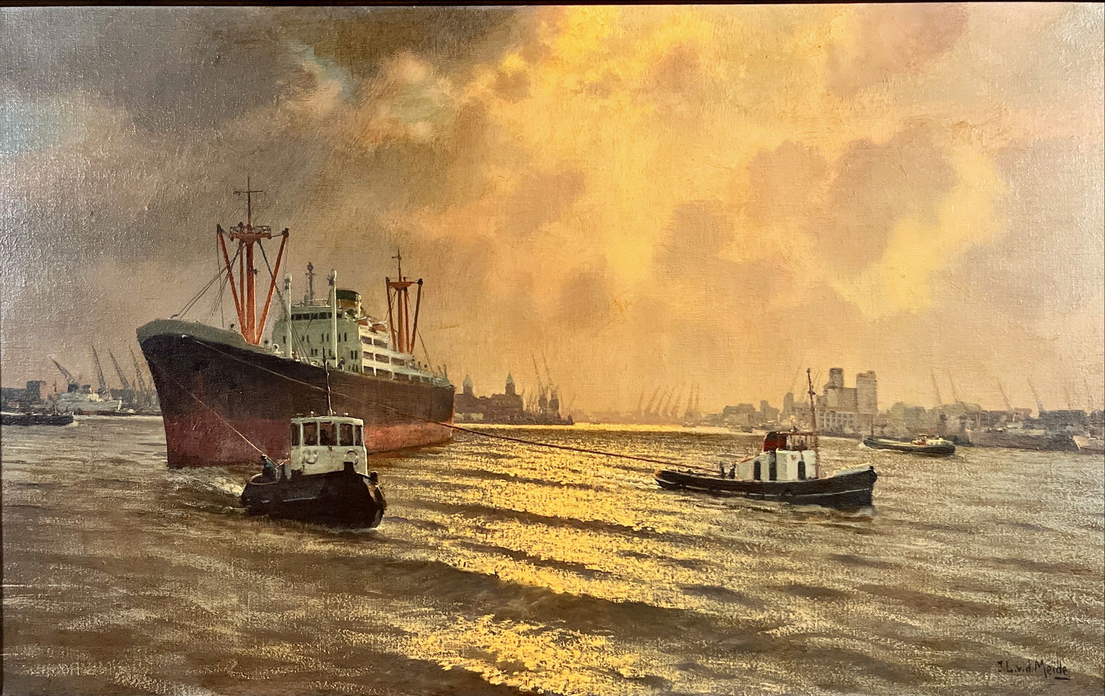vd Meide, J.L. - H.A.L. in harbour of Rotterdam - Oil painting - Hand-signed: Atmospheric maritime oil painting depicting a Holland America Line vessel entering the Port of Rotterdam, assisted by tugboats. The imposing ocean liner dominates the composition, set against a glowin