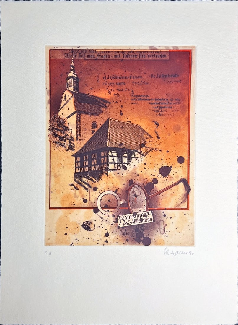 Radfahrer Hilfstation - Etching - Hand-signed: Great Etching print by a German Artist.Hand signed