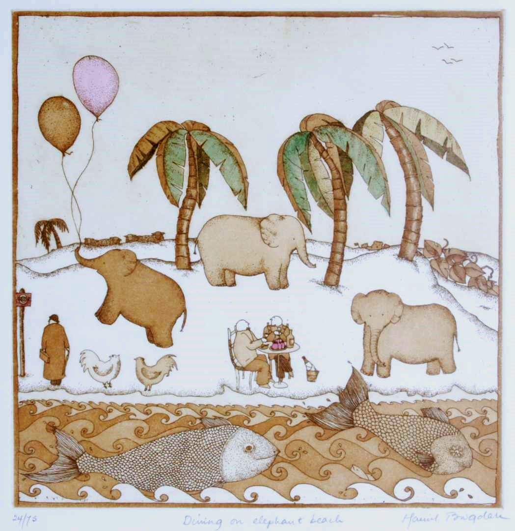 Etching - Hand-signed: Dining on Elephant Beach, Unknown Artist – A whimsical and beautifully detailed etching, hand-signed, titled, and numbered by the artist. The scene blends surreal charm with playful imagery,