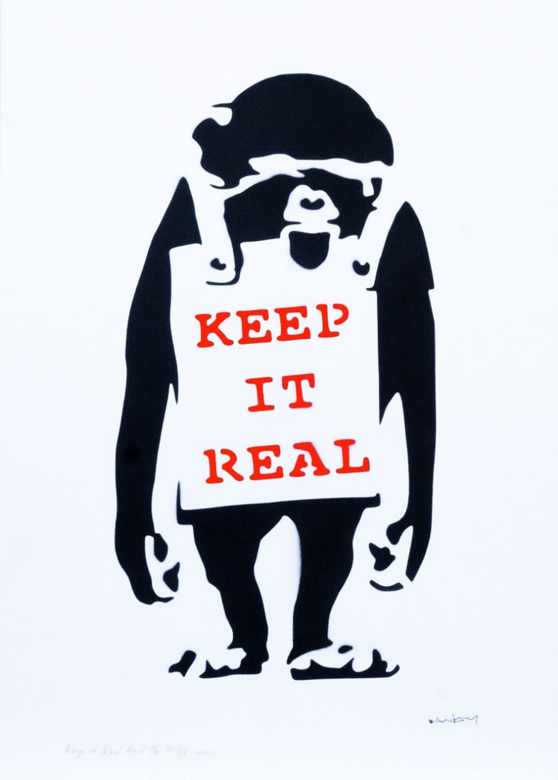Banksy, after - Stencil / Spray: Title: Keep it Real Red. Banksy, after. Stencil/Spray. StreetArt. Edition: A/P (Artist Proof) Random/XX. Comes with Signed COA card of the Publisher. Signature imprimée (signed in plate). With