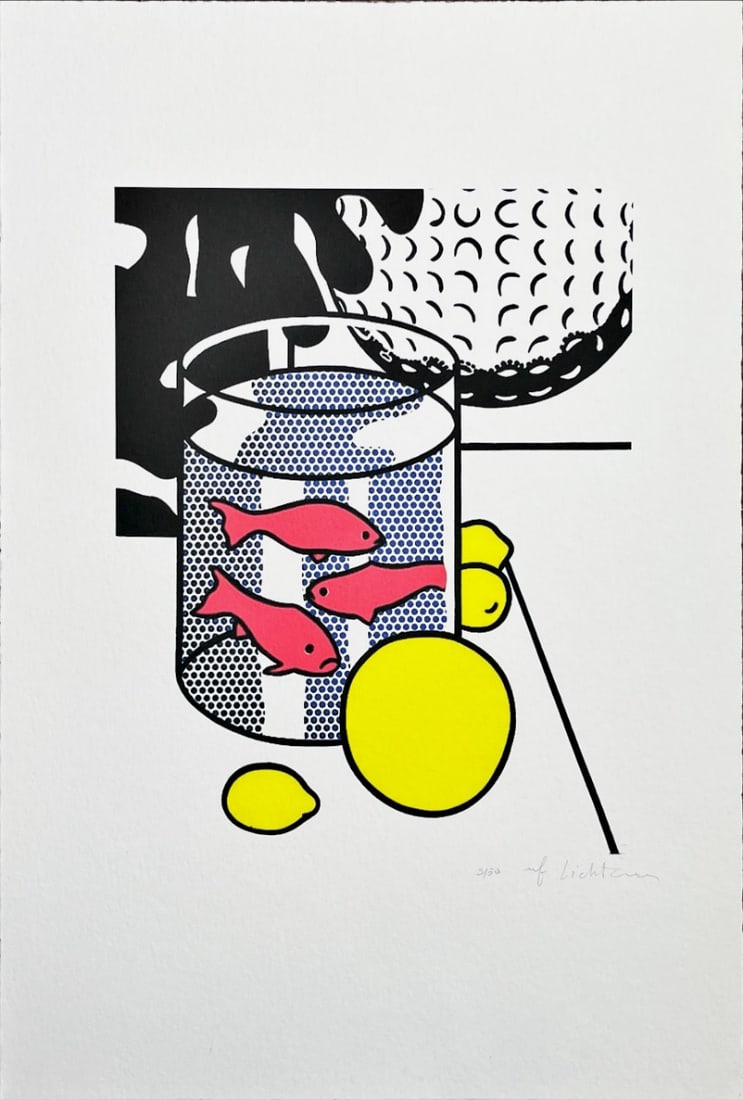 Lichtenstein, Roy, after - Hand-Signed - Lithograph: Title: Still Life with Goldfish Bowl. Edition: 8/50. Hand signed and numbered in pencil. Text on verso.Attributed to, despite similarities to the artist's style, we have not been able to reach a