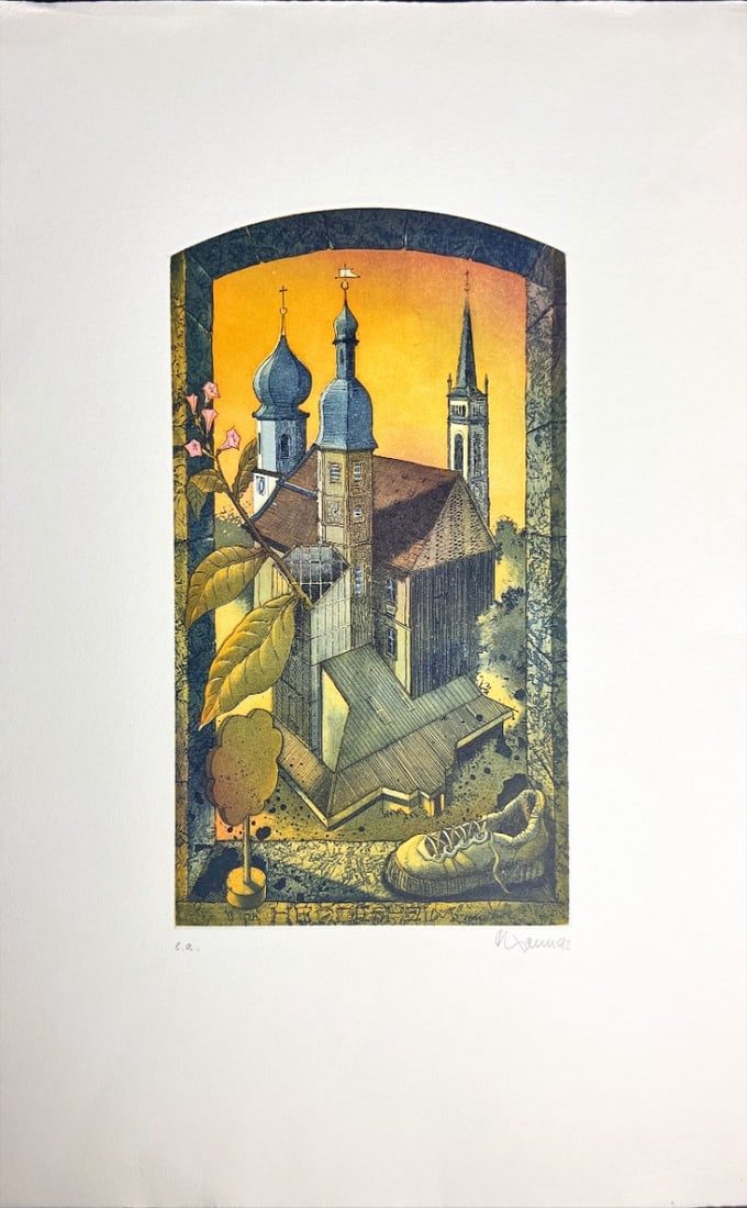 Composition of a church - Etching - Hand signed: Great Etching print by a German Artist.Hand signed